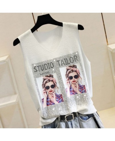 Rhinestone Bright Silk Sleeveless Vest Women's Spring/Summer New Style V-neck Loose All-match Sling Knitted Top T-shirt $24.3...