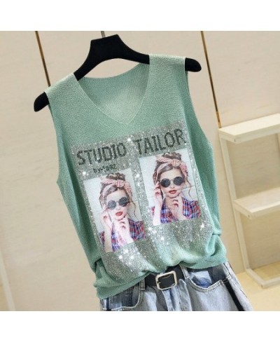 Rhinestone Bright Silk Sleeveless Vest Women's Spring/Summer New Style V-neck Loose All-match Sling Knitted Top T-shirt $24.3...