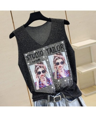 Rhinestone Bright Silk Sleeveless Vest Women's Spring/Summer New Style V-neck Loose All-match Sling Knitted Top T-shirt $24.3...