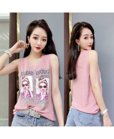 Rhinestone Bright Silk Sleeveless Vest Women's Spring/Summer New Style V-neck Loose All-match Sling Knitted Top T-shirt $24.3...