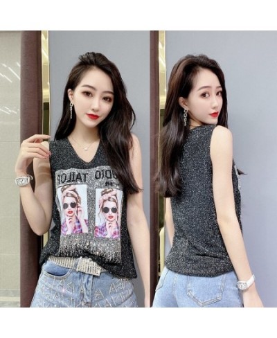 Rhinestone Bright Silk Sleeveless Vest Women's Spring/Summer New Style V-neck Loose All-match Sling Knitted Top T-shirt $24.3...