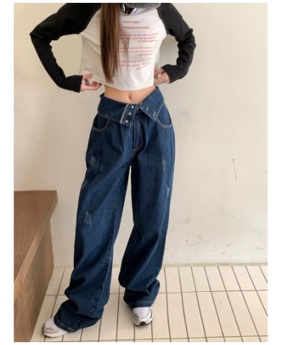 Cuffed Waist Jeans Retro Blue Jeans Women's Spring Autumn Street Style Casual Fashion High Waist Wide Leg Denim Trousers Fema...