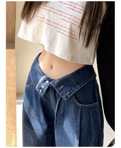 Cuffed Waist Jeans Retro Blue Jeans Women's Spring Autumn Street Style Casual Fashion High Waist Wide Leg Denim Trousers Fema...