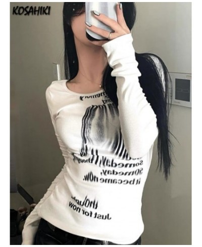 Graffiti Letter Print T Shirt Women Slim Crop Tops Long Sleeve Y2k Aesthetic Grunge Tees Streetwear Harajuku Tshirts $26.06 -...