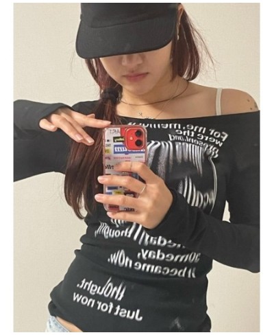 Graffiti Letter Print T Shirt Women Slim Crop Tops Long Sleeve Y2k Aesthetic Grunge Tees Streetwear Harajuku Tshirts $26.06 -...