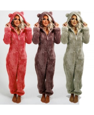 Plus Size Coral Fleece Jumpsuit for Women Christmas Pajamas One-Piece Pyjamas Winter Warm Women Hooded Onesies Sleepwear S-5X...