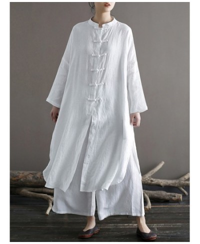 Women White Chinese Style Long Shirts Button Long Sleeve Linen Blouses 2023 Spring New Stand Vintage Women Tops Shirts $74.57...