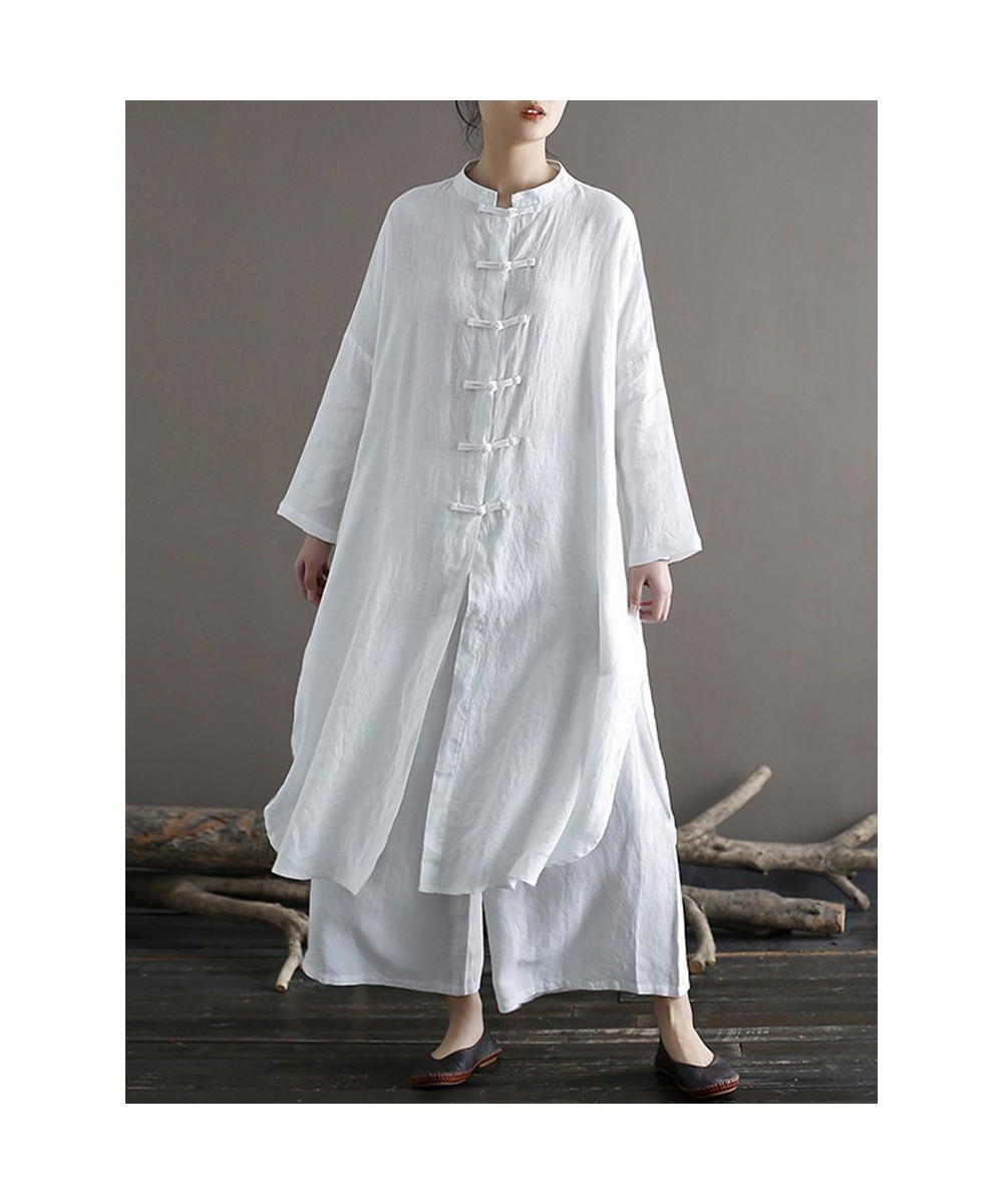 Women White Chinese Style Long Shirts Button Long Sleeve Linen Blouses 2023 Spring New Stand Vintage Women Tops Shirts $74.57...