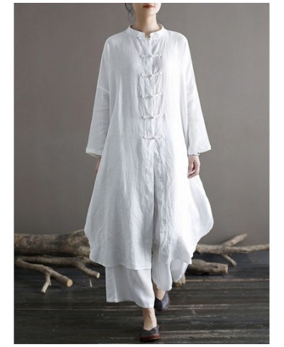 Women White Chinese Style Long Shirts Button Long Sleeve Linen Blouses 2023 Spring New Stand Vintage Women Tops Shirts $74.57...