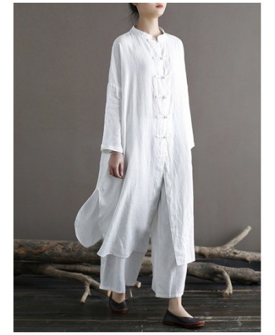 Women White Chinese Style Long Shirts Button Long Sleeve Linen Blouses 2023 Spring New Stand Vintage Women Tops Shirts $74.57...