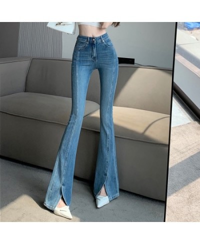 Retro Blue Jeans Women Spring And Summer 2023 New Highwaisted Slimming Elastic Slit Mopping Micro Flared Pants $44.74 - Jeans