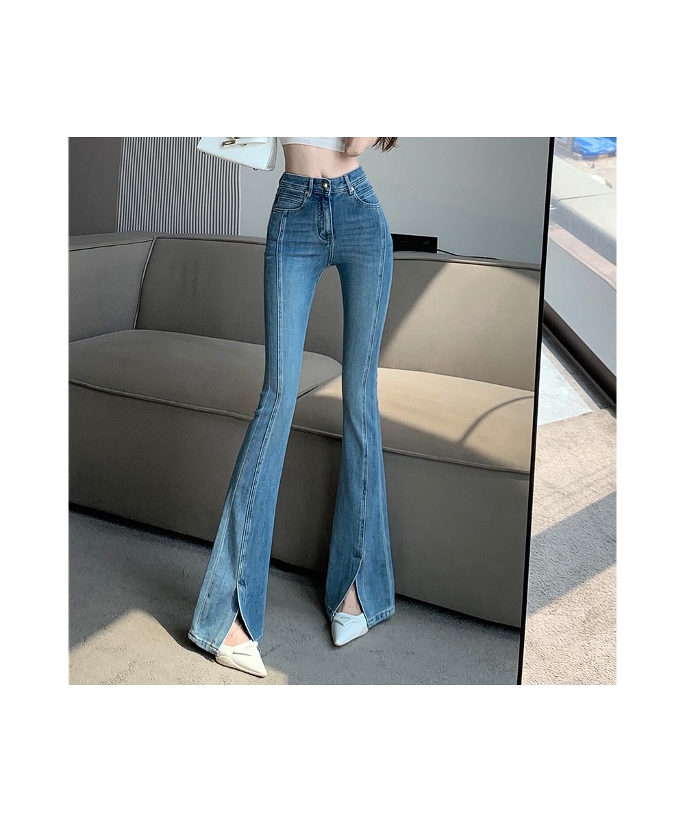 Retro Blue Jeans Women Spring And Summer 2023 New Highwaisted Slimming Elastic Slit Mopping Micro Flared Pants $44.74 - Jeans