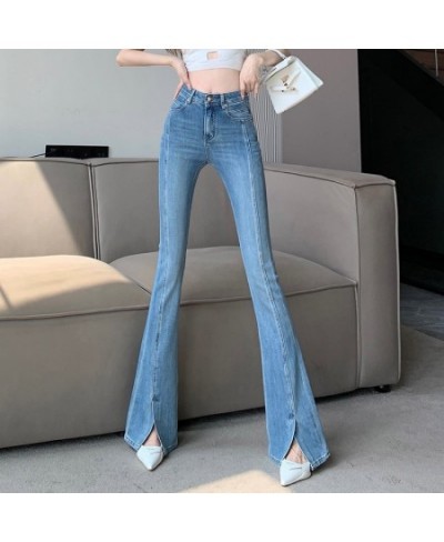 Retro Blue Jeans Women Spring And Summer 2023 New Highwaisted Slimming Elastic Slit Mopping Micro Flared Pants $44.74 - Jeans