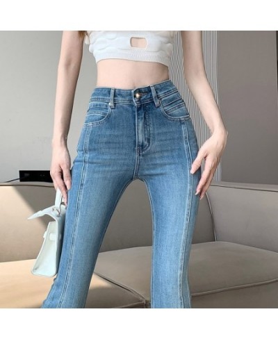 Retro Blue Jeans Women Spring And Summer 2023 New Highwaisted Slimming Elastic Slit Mopping Micro Flared Pants $44.74 - Jeans