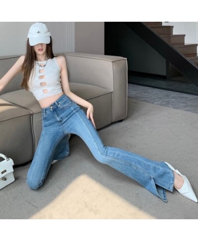 Retro Blue Jeans Women Spring And Summer 2023 New Highwaisted Slimming Elastic Slit Mopping Micro Flared Pants $44.74 - Jeans