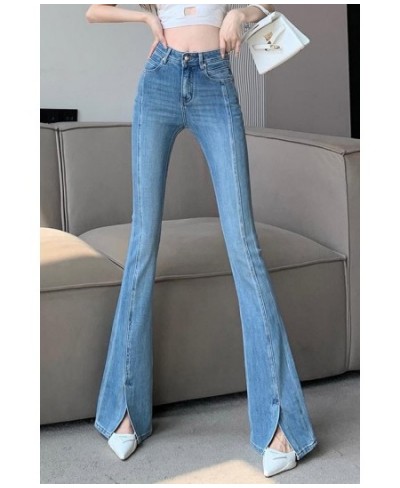 Retro Blue Jeans Women Spring And Summer 2023 New Highwaisted Slimming Elastic Slit Mopping Micro Flared Pants $44.74 - Jeans