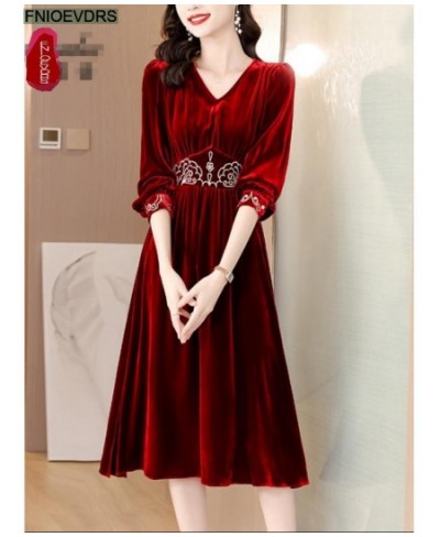 Christmas Red Elegant Party Long Dresses New Design Women New Year Night Fashion French Solid Velvet Dress $51.99 - Dresses