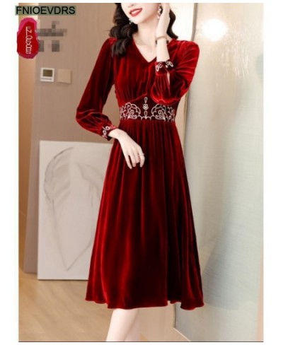 Christmas Red Elegant Party Long Dresses New Design Women New Year Night Fashion French Solid Velvet Dress $51.99 - Dresses