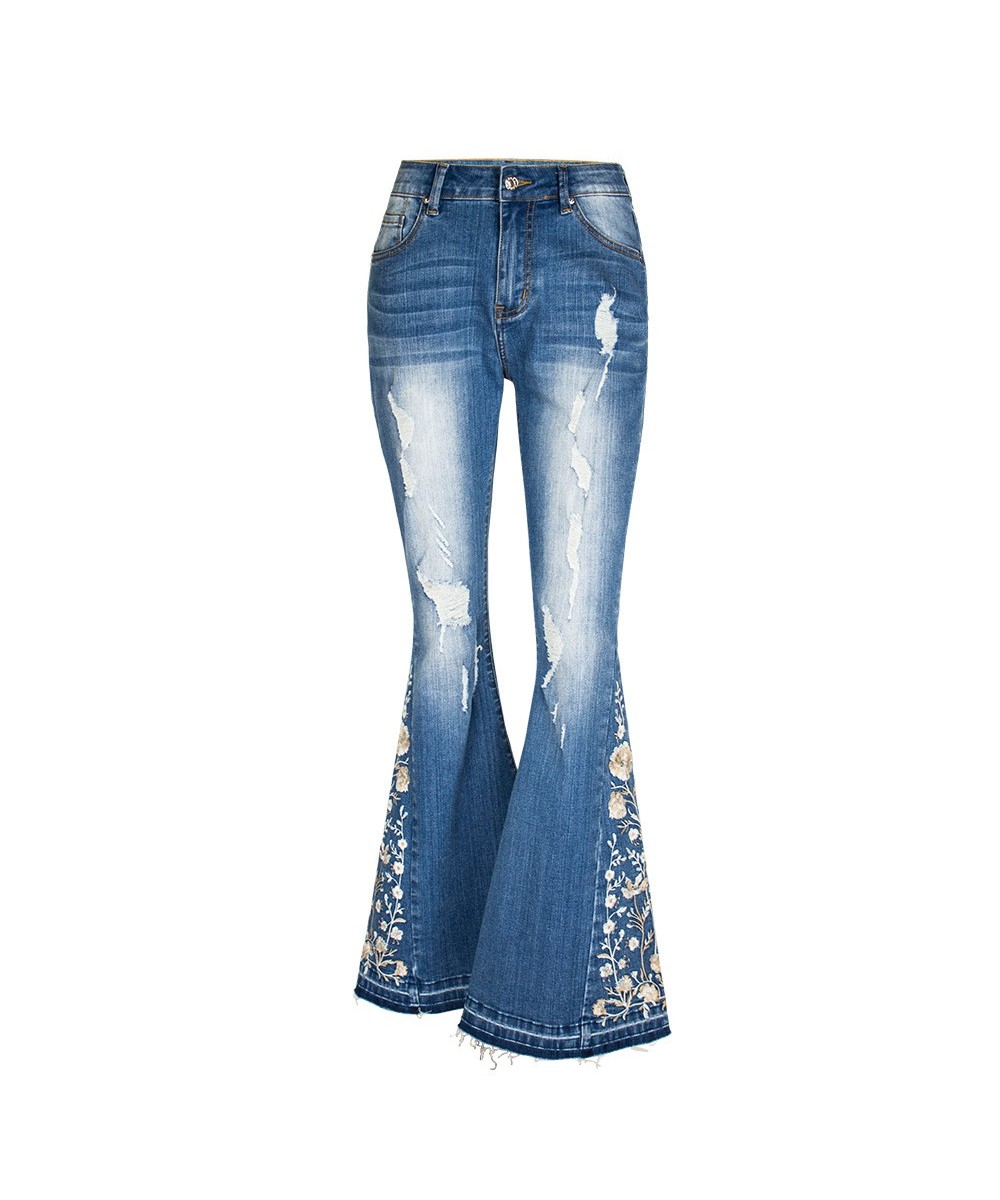 Flared Ripped Jeans Woman Embroidery Women's Jeans Trousers Vintage Denim Pants $57.91 - Jeans