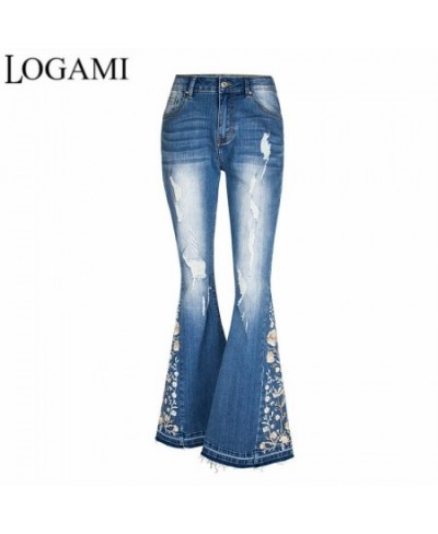 Flared Ripped Jeans Woman Embroidery Women's Jeans Trousers Vintage Denim Pants $57.91 - Jeans