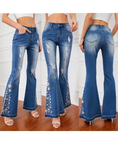 Flared Ripped Jeans Woman Embroidery Women's Jeans Trousers Vintage Denim Pants $57.91 - Jeans