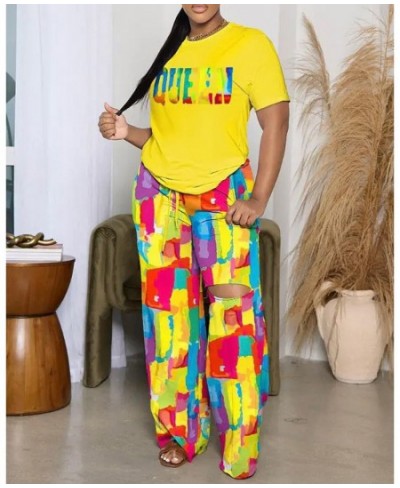 Summer Fashion Printing Two Piece Set Women Casual Short-sleeved Tshirt Hole Wide Leg Pants Two Piece Suit Women $50.87 - Sui...