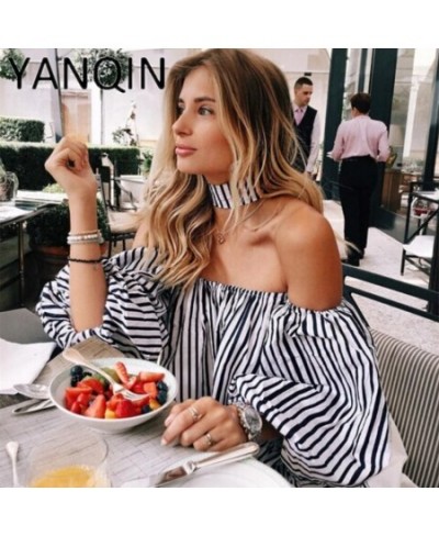 Spring Elegant Floral Tops Plain Blue Off the Shoulder Elegant Sexy Shirts Women Tops Summer Blouse with Choker Y117 $21.01 -...