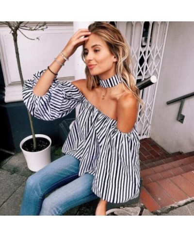 Spring Elegant Floral Tops Plain Blue Off the Shoulder Elegant Sexy Shirts Women Tops Summer Blouse with Choker Y117 $21.01 -...