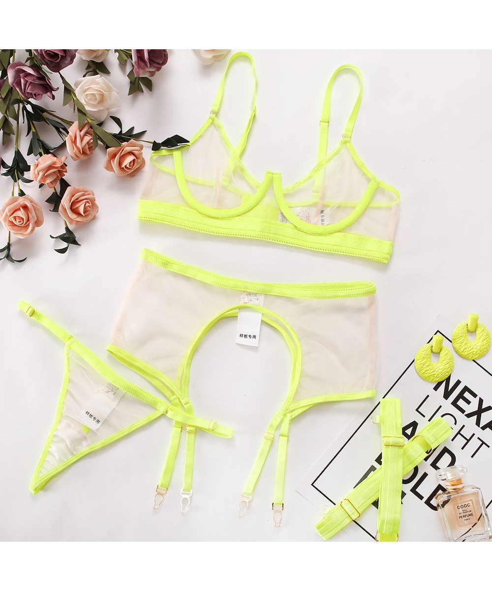 3-Piece Neon Color Mesh Lingerie Set Women 8 Colors Transprent Sexy Exotic Set Thong Garter Kit $27.64 - Underwear