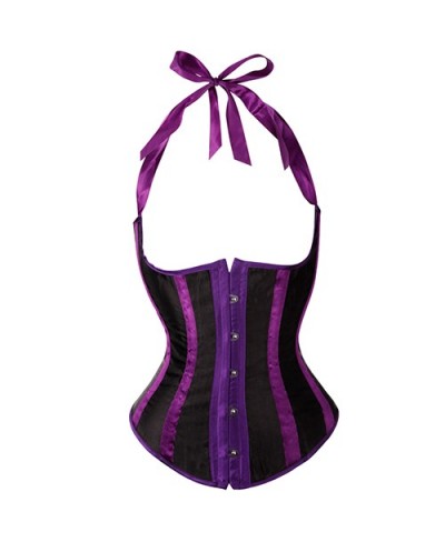 Gothic Satin Waist Trainer Cincher Corsets Bustiers Black/White/Red/Purple Striped Halter Boned Underbust Cupless Body Shaper...