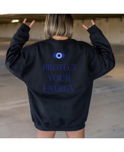 colored Protect Your Energy Evil Eye Sweatshirt retro women long sleeve jumper Hippie witch pullovers $38.77 - Hoodies & Swea...