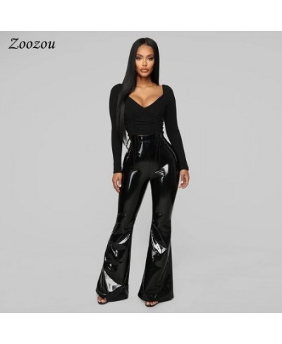 High Waist PU Patent Leather Flare Pants Women Skinny Black Sexy Slim Latex Trousers Casual Faux Leather Wide Leg Pants Custo...