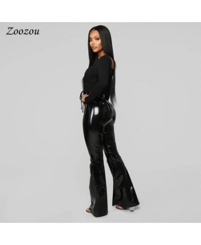 High Waist PU Patent Leather Flare Pants Women Skinny Black Sexy Slim Latex Trousers Casual Faux Leather Wide Leg Pants Custo...