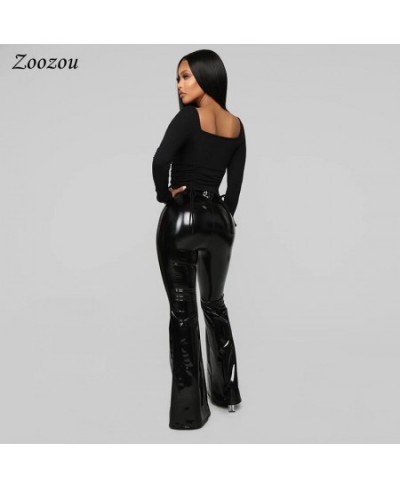 High Waist PU Patent Leather Flare Pants Women Skinny Black Sexy Slim Latex Trousers Casual Faux Leather Wide Leg Pants Custo...