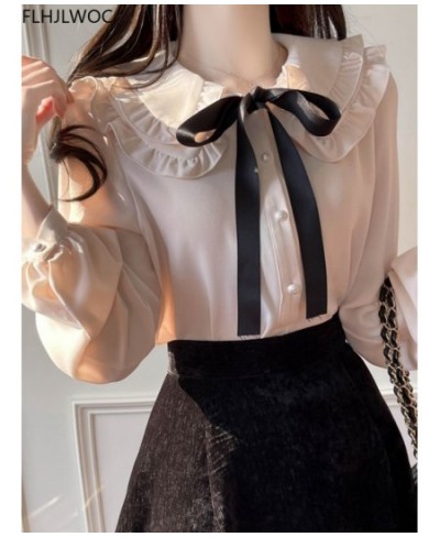 Cute Pink Retro Vintage Ruffles Bow Tie Ribbon Tops Flhjlwoc Basic Elegant Work Formal Single Breasted Button Sweet Shirts $3...