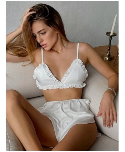 White Satin Sexy Bras Ruffled Intimate Clothes Women Sleepwear Green Backless Lingerie For Ladies Set Woman 2 Pieces 2023 $29...