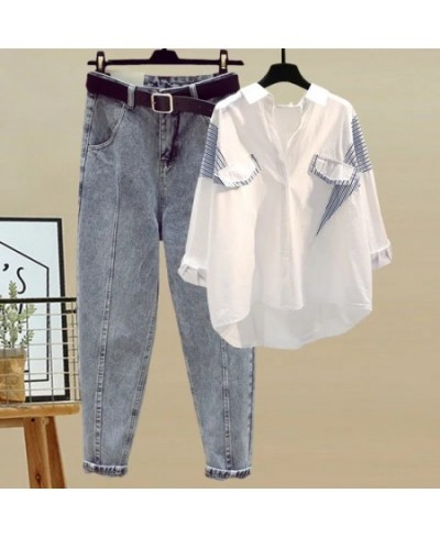 Korean Style Elegant Women's Pants Set Loose Casual Chiffon Shirt Pierced Jeans Two-piece Set Outfits Female Blouse Tracksuit...