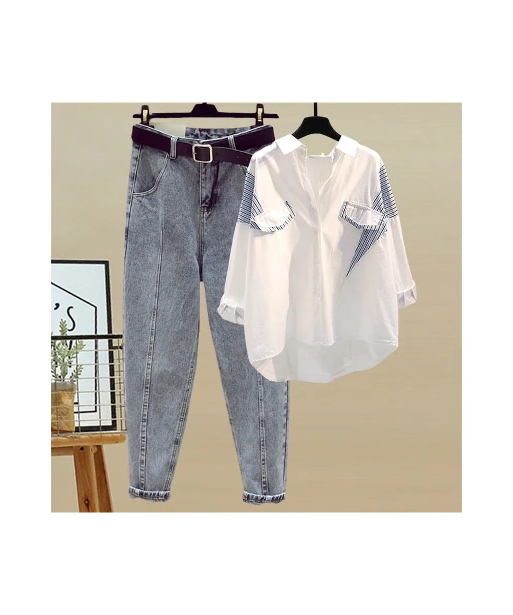 Korean Style Elegant Women's Pants Set Loose Casual Chiffon Shirt Pierced Jeans Two-piece Set Outfits Female Blouse Tracksuit...