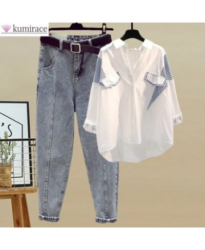 Korean Style Elegant Women's Pants Set Loose Casual Chiffon Shirt Pierced Jeans Two-piece Set Outfits Female Blouse Tracksuit...