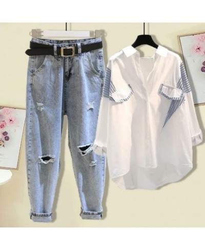 Korean Style Elegant Women's Pants Set Loose Casual Chiffon Shirt Pierced Jeans Two-piece Set Outfits Female Blouse Tracksuit...