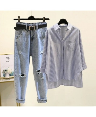 Korean Style Elegant Women's Pants Set Loose Casual Chiffon Shirt Pierced Jeans Two-piece Set Outfits Female Blouse Tracksuit...