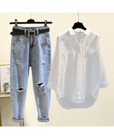 Korean Style Elegant Women's Pants Set Loose Casual Chiffon Shirt Pierced Jeans Two-piece Set Outfits Female Blouse Tracksuit...