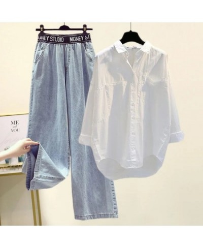 Korean Style Elegant Women's Pants Set Loose Casual Chiffon Shirt Pierced Jeans Two-piece Set Outfits Female Blouse Tracksuit...