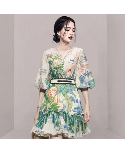 Summer Vintage Print Women's Mini Dresses Elegant V-Collar Temperament Lantern Sleeve Party Dress Vestidos $55.40 - Dresses