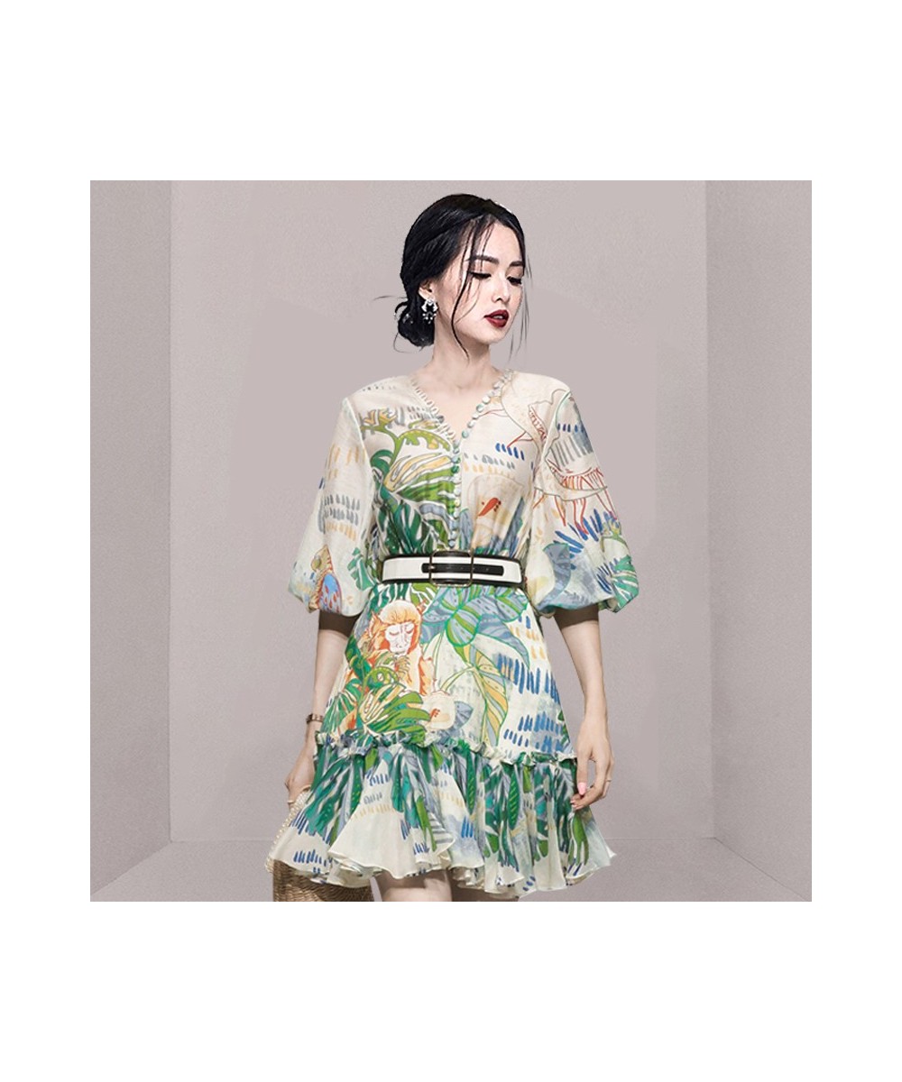 Summer Vintage Print Women's Mini Dresses Elegant V-Collar Temperament Lantern Sleeve Party Dress Vestidos $55.40 - Dresses