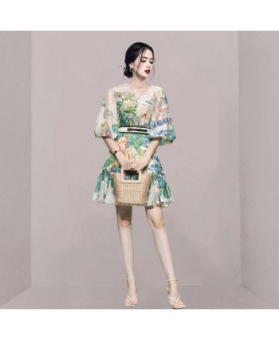 Summer Vintage Print Women's Mini Dresses Elegant V-Collar Temperament Lantern Sleeve Party Dress Vestidos $55.40 - Dresses