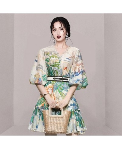 Summer Vintage Print Women's Mini Dresses Elegant V-Collar Temperament Lantern Sleeve Party Dress Vestidos $55.40 - Dresses