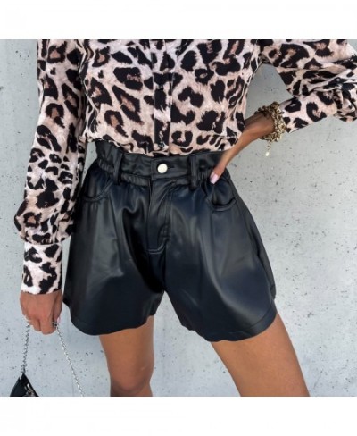 Ladies Autumn PU Leather Shorts Girls Leisure Style Solid Color High Waist Wide Leg Short Trousers with Pocket for Dating $28...