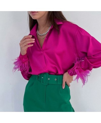 Autumn Women's Summer New Fashion Casual Hundred Silk Feather Stitching Design Ostrich Feather Shirt Female Casual Tops $46.3...