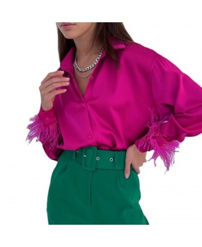 Autumn Women's Summer New Fashion Casual Hundred Silk Feather Stitching Design Ostrich Feather Shirt Female Casual Tops $46.3...